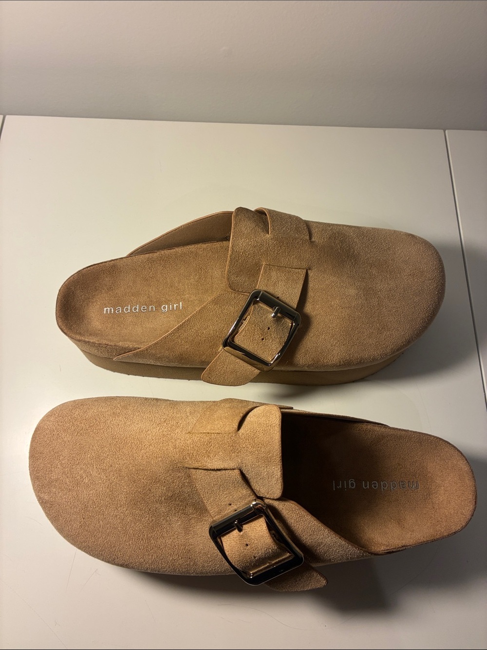 Madden Girl Tan Suede Buckle Slide Clogs